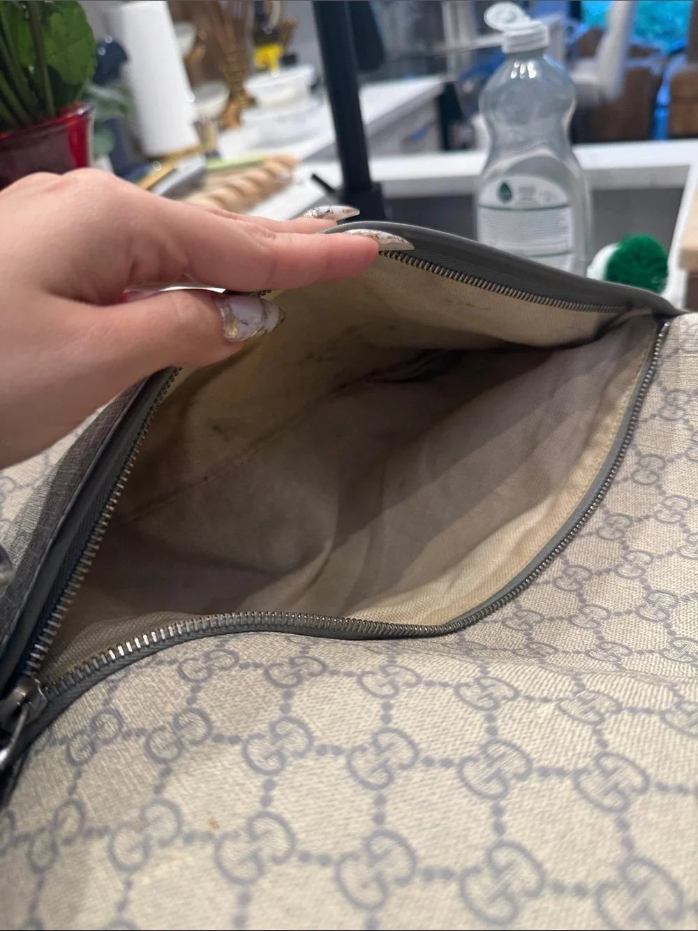 Gucci Beige GG Supreme Canvas Backpack with Gray Leather Trim